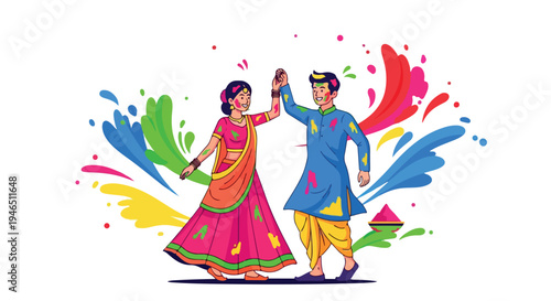 Illustration of a dancing Indian couple in traditional clothing with colorful paint splatters on a white background.