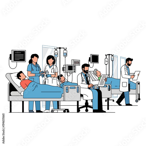 Medical Team Caring for Patients in Hospital Ward with Advanced Equipment