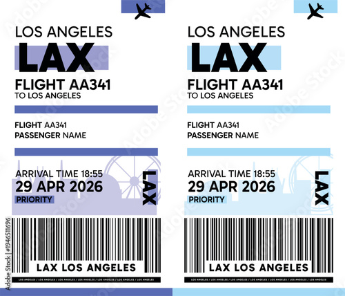 LAX, Los Angeles, USA luggage label, boarding pass template. Vector minimalist illustration with airport code, city destination, flight info. Flat, modern image layout