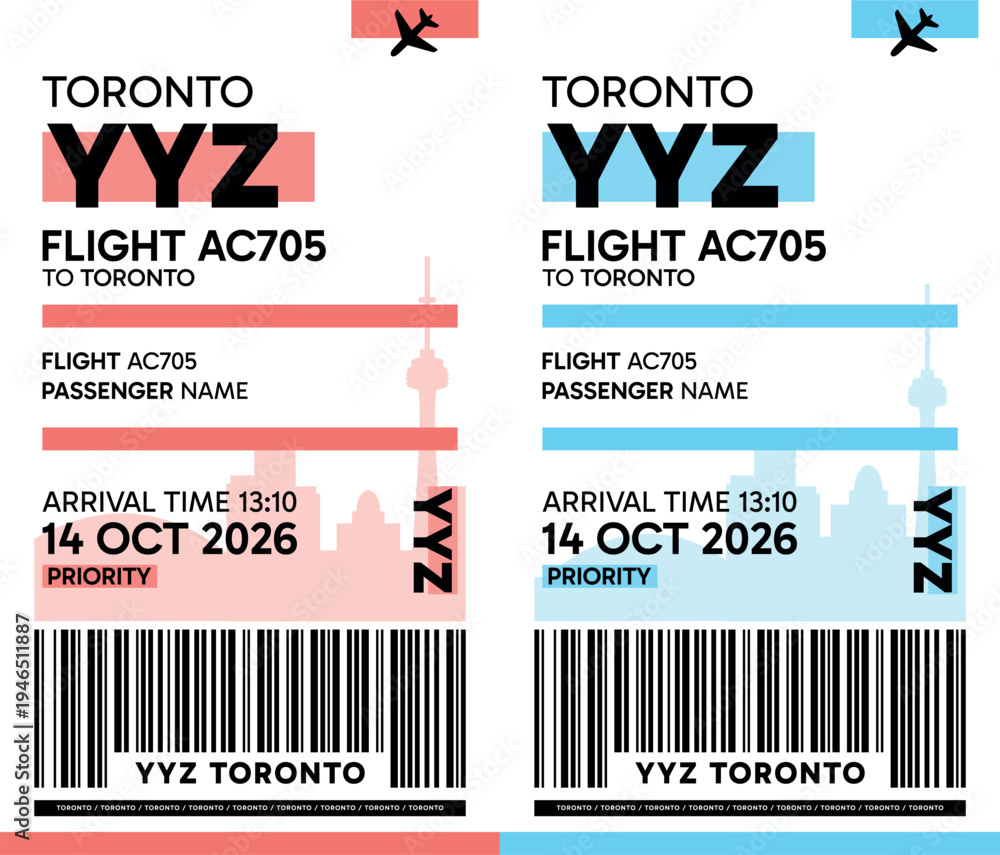 Obraz premium YYZ, Toronto, Canada luggage label, boarding pass template. Vector minimalist illustration with airport code, city destination, flight info. Flat, modern image layout