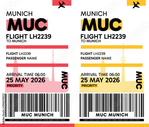 MUC, Munich, Germany luggage label, boarding pass template. Vector minimalist illustration with airport code, city destination, flight info. Flat, modern image layout
