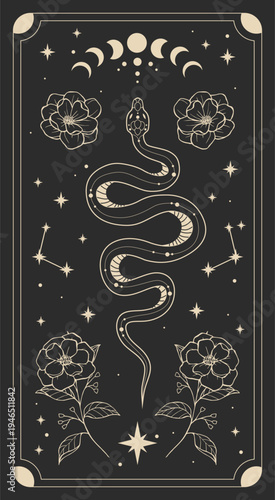 Mystical tarot with snake, moon phases, stars on a black background. Boho style and esotericism. Magic illustration for spiritual practices of ethnic magic and rites.