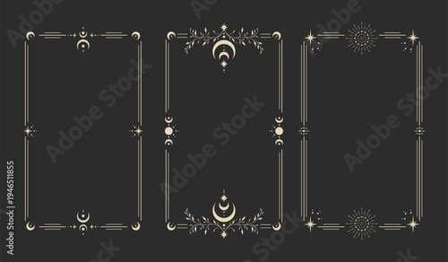 Esoteric frame, mystical linear decoration with dots, moon, stars corners isolated on black background. Vector illustration. 