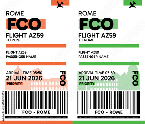 FCO, Rome, Italy luggage label, boarding pass template. Vector minimalist illustration with airport code, city destination, flight info. Flat, modern image layout