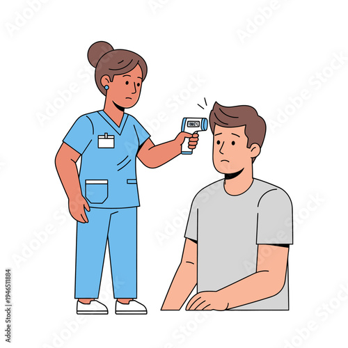 Nurse checking patient's temperature with infrared thermometer, health check, medical concept