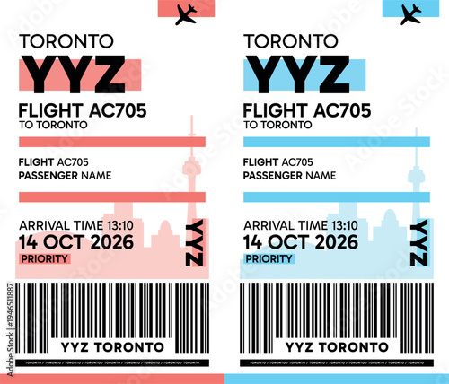 YYZ, Toronto, Canada luggage label, boarding pass template. Vector minimalist illustration with airport code, city destination, flight info. Flat, modern image layout