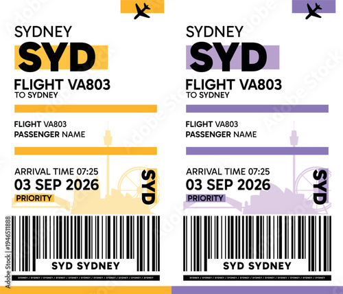 Wallpaper Mural SYD, Sydney, Australia luggage label, boarding pass template. Vector minimalist illustration with airport code, city destination, flight info. Flat, modern image layout Torontodigital.ca