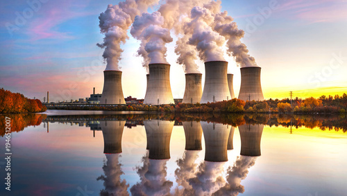 Massive nuclear power plant station with multiple cooling tower releasing white steam into the sky