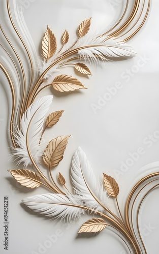 Golden Flourish: An elegant composition of gold and white feather and leaf elements, showcasing refined artistic design and opulence. 