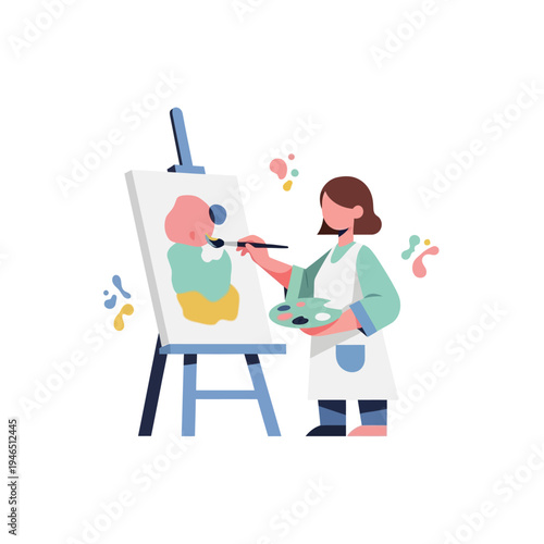 Young artist painting abstract art on canvas easel with colorful palette, creative hobby