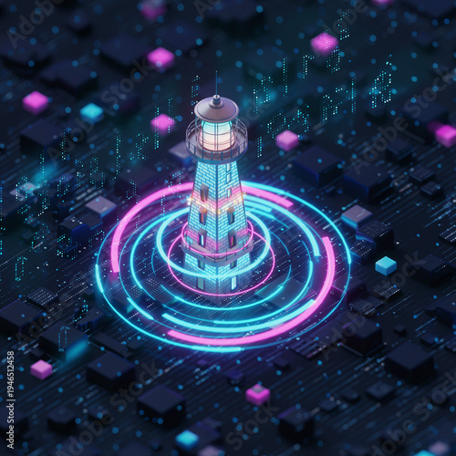 Digital lighthouse stands in a sea of technology with glowing lights and data patterns