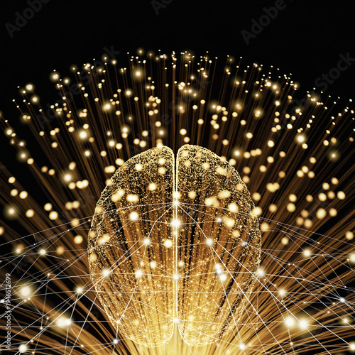 Visual representation of a premium double brain with golden patterns and bright lights against a dark background