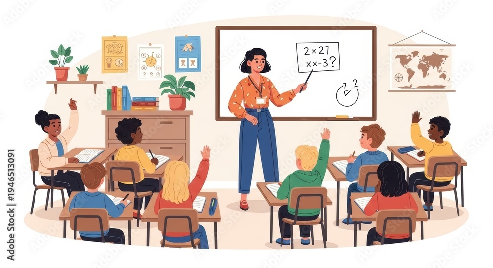 Fototapeta premium Diverse elementary school students raising hands in a classroom with a female teacher explaining math on a whiteboard, illustrating education and learning concept