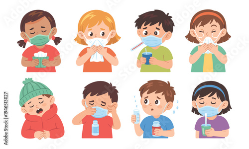 Set of 8 kids coughing and covering mouth vector illustrations
