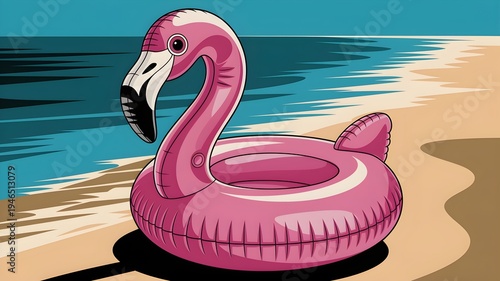 Floating Flamingo Fun on the Beach: An inflatable flamingo floats gently on the sandy beach, inviting relaxation against the backdrop of the serene sea.