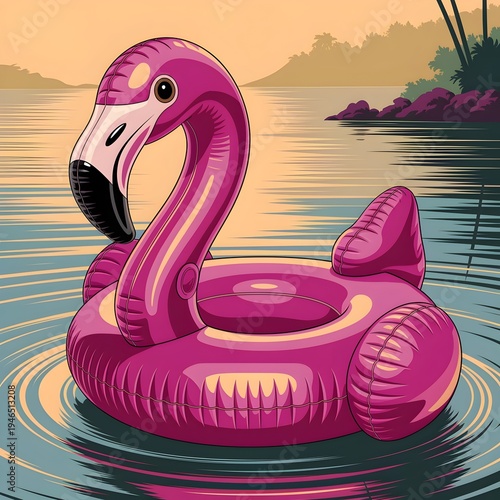 Flamingo Float in Serene Water: A vibrant flamingo float gently bobs on the tranquil surface of a serene body of water.