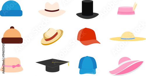 Set of colorful hats icons including cap beanie fedora top hat and graduation cap vector illustration.