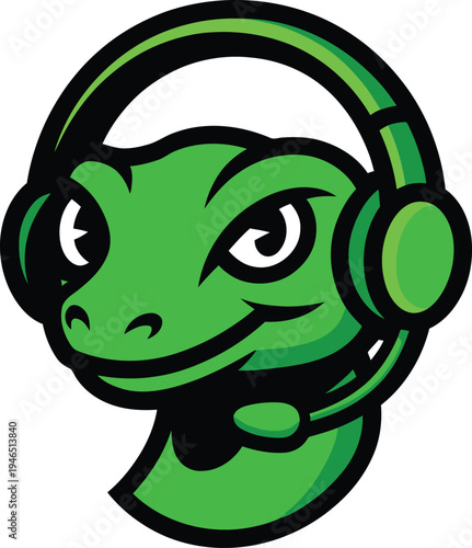 A playful cartoon frog wearing oversized headphones and smiling cheerfully