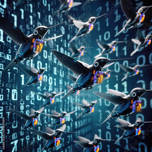 Drones shaped like birds fly through a digital world filled with binary code and light