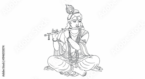 A serene illustration of a Hindu deity playing a flute while seated in a lotus position against a plain white background with traditional Indian attire.