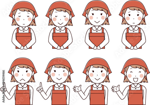 赤エプロンの女性のイラストセット(三角巾あり)