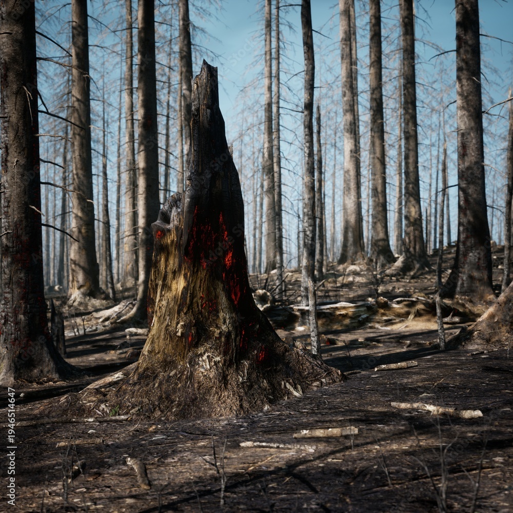 Αυτοκόλλητο Lone charred stump on ashen ridge, stark silhouette against pale sky, surroundin