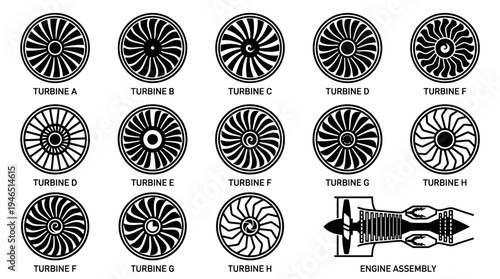 Grid of twelve turbine blade designs with labeled jet engine assembly diagram, symbolizing aerospace engineering, propulsion, and mechanical systems.