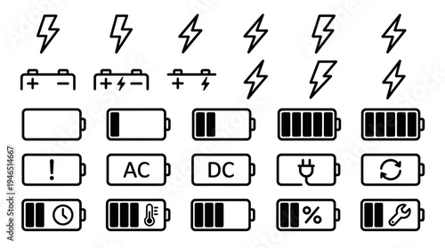 Collection of black and white battery icons showing charge levels, power types, and status symbols for energy monitoring and devices.
