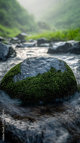 Moss-covered rock serenity in a peaceful riverine valley, embodying tranquil nature