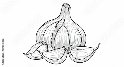 Line drawing of a whole bulb of garlic with three cloves separated, on a white background.