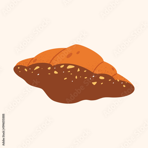 Croissant with chocolate glaze and nuts. Hand drawn vector illustration for cafe menus, bakery branding, breakfast themes.