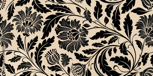 Intricate black floral pattern on a cream colored background