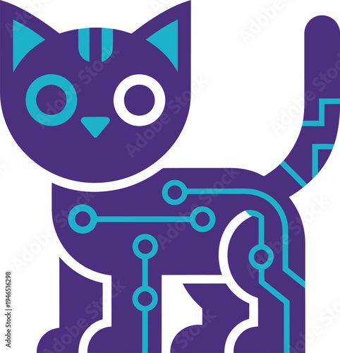 A stylized digital cat with circuit-like patterns and glowing eyes standing upright