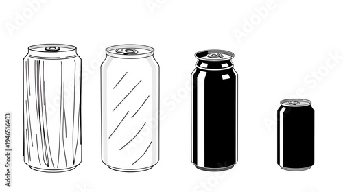 Set of four aluminum beverage cans in different artistic styles, including a hand-drawn sketch, simple line art, a black silhouette, and a colorful flat vector graphic
