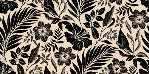 Black and white tropical floral pattern with hibiscus and palm leaves
