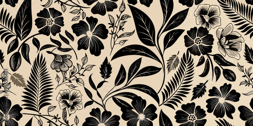 Elegant tropical floral pattern with dark blooms and lush foliage