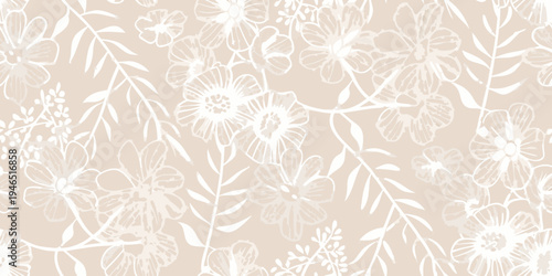 Delicate floral pattern with white blossoms and leafy stems on beige
