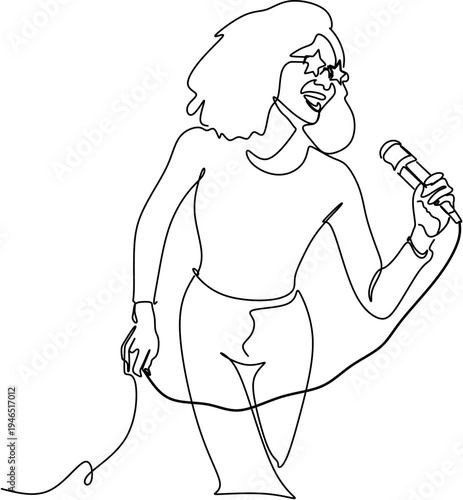 Continuous line drawing of a woman singing with a microphone wearing star shaped sunglasses