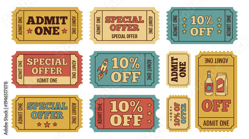 retro coupon ticket designs with classic perforated borders