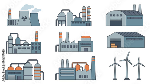 illustration of collection various industrial buildings and factories icons