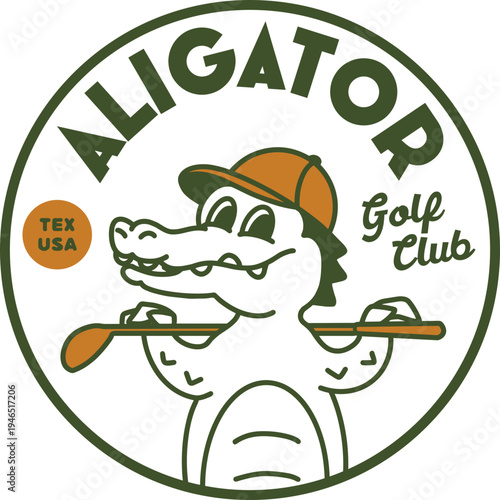 Cartoon alligator mascot wearing a golf hat holding a golf club, ideal for sports team branding or logos.