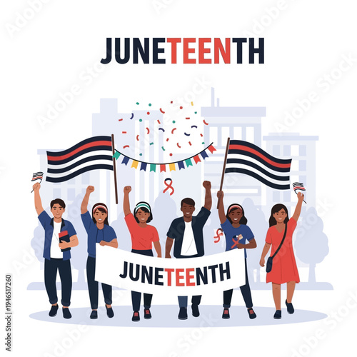 A diverse group of people joyfully celebrates Juneteenth, holding flags and a banner to commemorate freedom and emancipation in a vibrant community gathering.