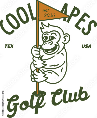 Retro-style logo featuring a friendly ape holding a golf flag, ideal for sports branding and casual apparel.