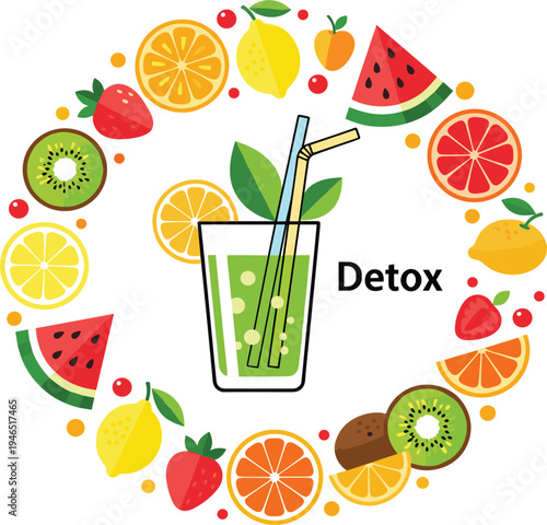 Detox Juice Concept with Fresh Fruits Circle and Green Smoothie Glass, Healthy Organic Diet Drink Illustration for Nutrition and Wellness Design