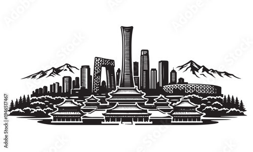 Beijing Skyline Silhouette with Scenery, Silhouette Vector, Isolated on White Background