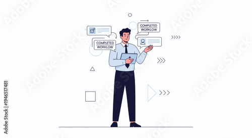 Businessman with tablet, completed workflow, project management, successful task completion