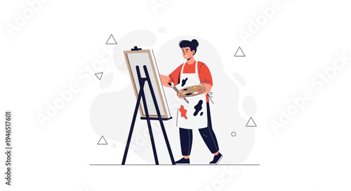 Artist painting on easel, creative hobby, art studio, illustration