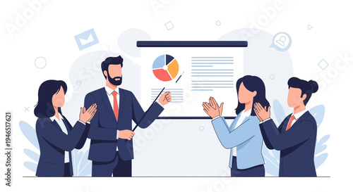 Business presentation with pie chart and clapping colleagues