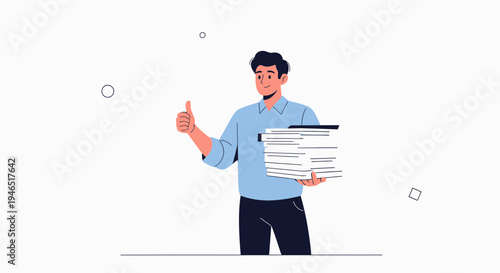Man holding stack of papers giving thumbs up, successful business concept
