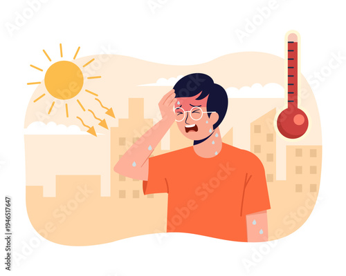 man sweating in the hot sun suffering from heat wave stoke in very hot weather temperature vector illustration